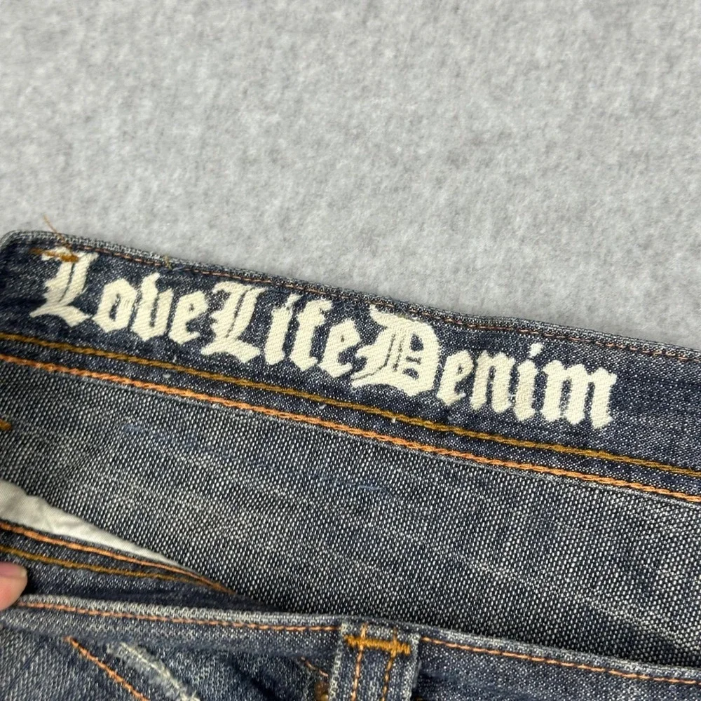 Azzure Mens Love Life Denim Shorts Dark Wash Embroidered‎ 40W Relaxed Fit Y2K